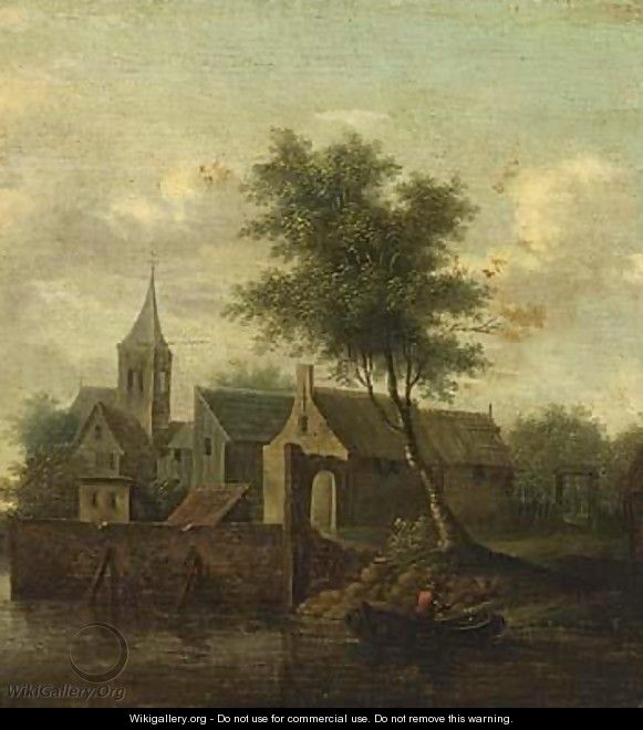 A Village On The Banks Of A River With Figures - Dutch School