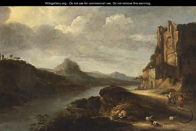 An Extensive Italianate River Landscape With Figures Resting Near Ruins - Claes Molenaar (see Molenaer)