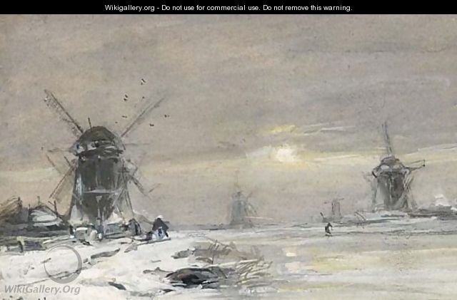 Windmills In A Winter Landscape - Louis Apol