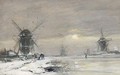 Windmills In A Winter Landscape - Louis Apol