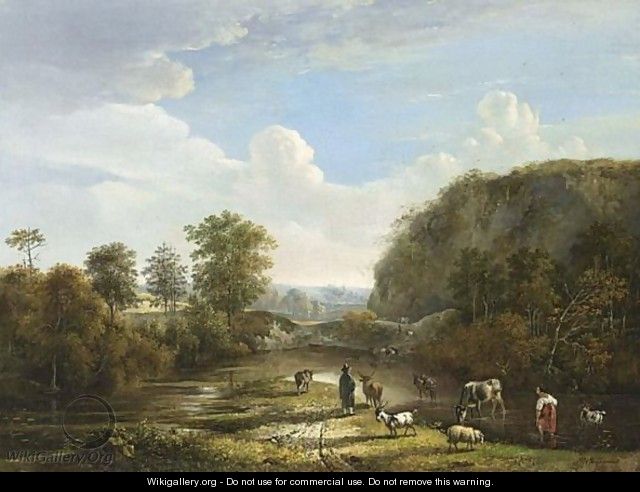 Herdsman Wading With Their Cattle In A Stream In A Hilly Landscape - Belgian School