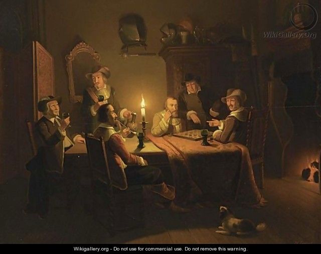 Men Drinking, Smoking And Playing A Game Of Checkers In A Candle Lit Interior - Pieter Gerardus Sjamaar
