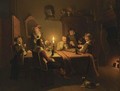 Men Drinking, Smoking And Playing A Game Of Checkers In A Candle Lit Interior - Pieter Gerardus Sjamaar