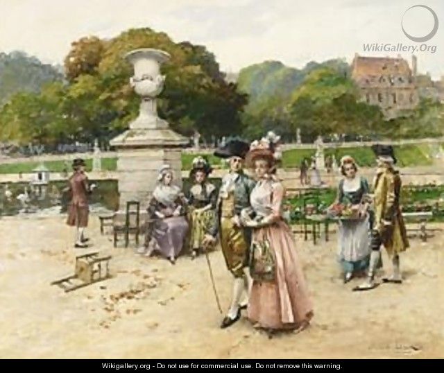 Elegant Figures Strolling In A Park - Henri Victor Lesur