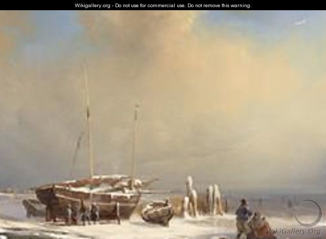 Figures Repairing A Boat On A Frozen Waterway - Louis Meijer