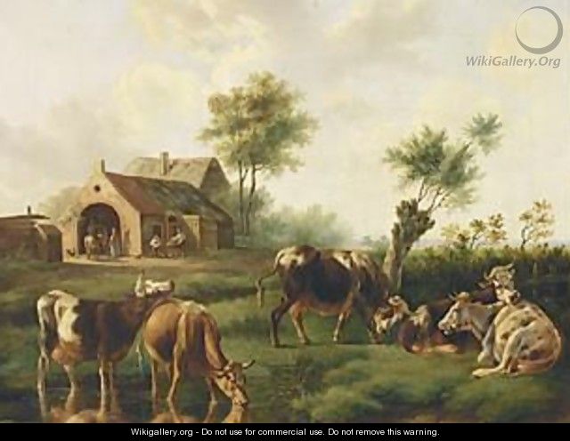 Cows In A Summer Landscape, Peasants In The Background - Albertus Verhoesen