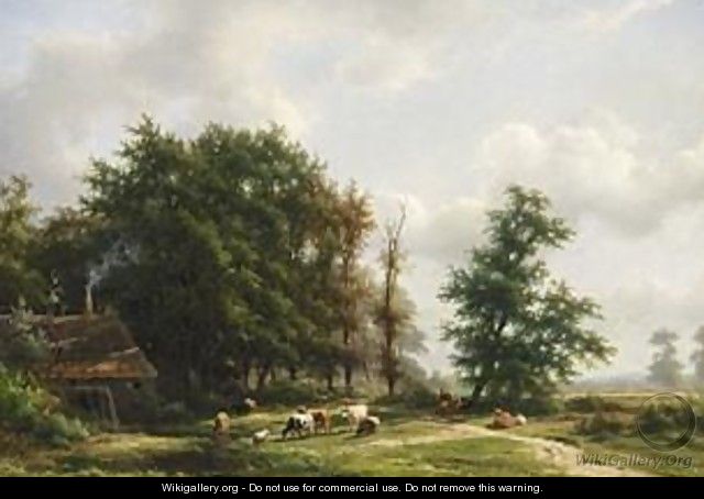 Cows Near A Windmill In A Wooded Landscape - Jan Frederik Van Deventer
