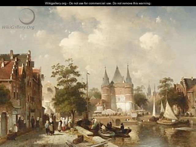 A Busy Canal Scene In A Dutch Town - Charles Henri Leickert