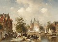 A Busy Canal Scene In A Dutch Town - Charles Henri Leickert