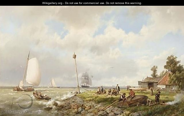A Coastal Scene With Figures Repairing A Boat - Hermanus Koekkoek
