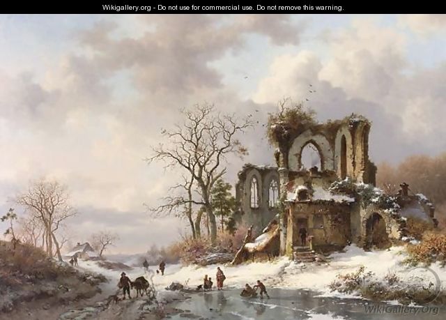 A Winter Landscape With Figures By A Gothic Ruin - Frederik Marianus Kruseman