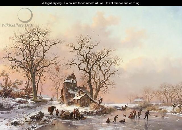 A Winter Landscape With Skaters Near A Hamlet - Frederik Marianus Kruseman