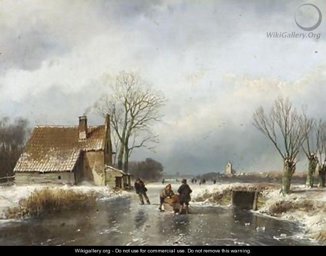 Skaters On A Frozen Waterway, A Village In The Distance - Andreas Schelfhout