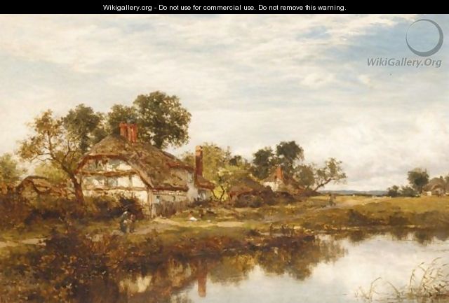 Figures Outside A Cottage By A Stream - Benjamin Williams Leader