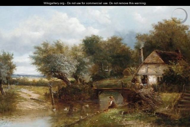 An Angler By A Stream With A Cottage Beyond - Joseph Thors
