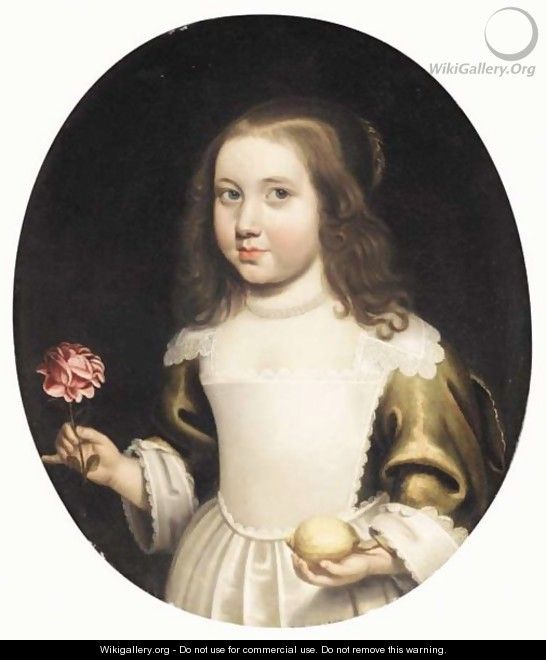 Portrait Of A Young Girl, Half Length, Wearing A Yellow And White Dress And Holding A Lemon And A Flower - French School