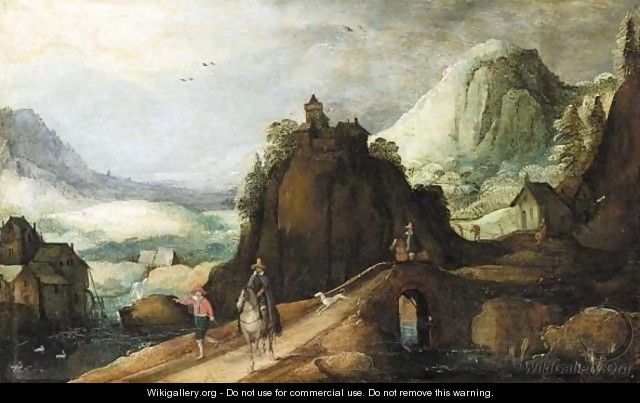 A Mountainous Landscape With Horsemen On A Bridge - (after) Joos De Momper
