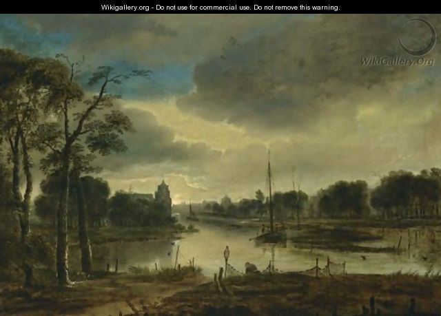 A River Landscape By Night With A Fisherman Repairing His Net And Other Fishermen In Sailing Boats - Gillis Van The Younger Schendel
