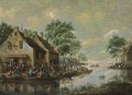 A River Landscape With Boats On The Water And Figures Drinking Outside An Inn - Thomas Heeremans