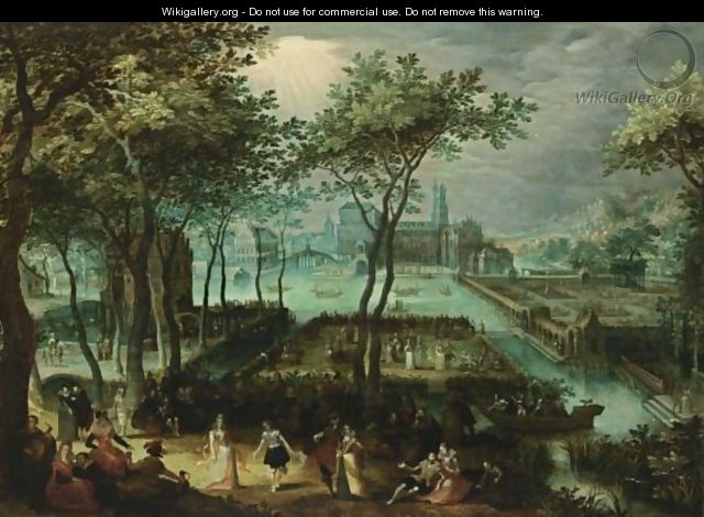 An Extensive View Of A Palace Garden With Elegant Figures Dancing And Making Music In The Foreground And Boats On Moats, With The Palace And Bridges In The Background - (after) David Vinckboons
