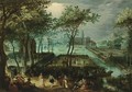 An Extensive View Of A Palace Garden With Elegant Figures Dancing And Making Music In The Foreground And Boats On Moats, With The Palace And Bridges In The Background - (after) David Vinckboons