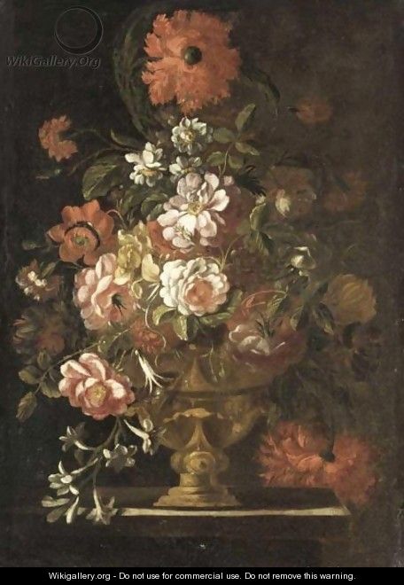 A Still Life Of Various Flowers In Vase Resting On A Ledge - Italian School