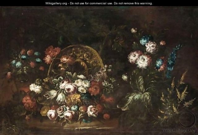 Still Life With Various Flowers Together With A Bronze Urn In A Landscape - (after) Margherita Caffi