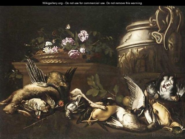 Still Life With A Hare, A Pheasant, Partridges, Duck And Other Gamebirds, Together With A Basket Of Flowers And A Gilt Urn - Giovanni Paolo Zanardi