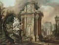 Architectural Capriccio With Figures And An Equestrian Statue Amongst Classical Ruins - North-Italian School