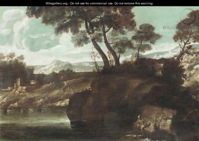 A Mountainous Landscape, With A Figure Fishing On The Banks Of A River - Roman School