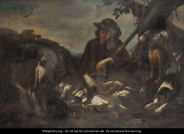 A Hunter In A Open Landscape With His Dogs And A Dead Game, A View Of Tivoli In The Background - (after) Philipp Peter Roos