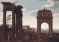 An Architectural Capriccio With Figures Amongst Ruins, A Mediterranean Port Beyond - (after) Viviano Codazzi