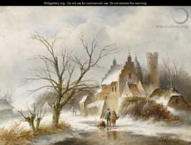 A Winter Landscape With Figures On A Frozen Waterway - Jan Evert Morel
