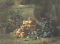 Basket Of Peaches, Plums, And Flowers In A Garden - Gustave-Emile Couder
