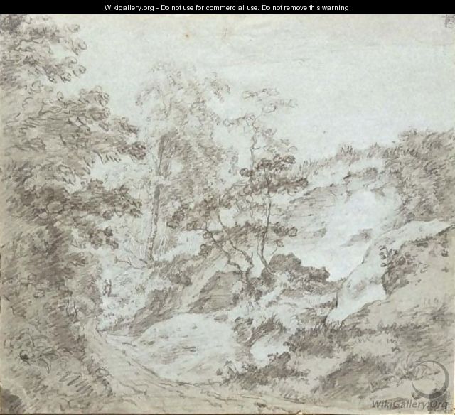 A Rocky Wooded Valley With Figures Ascending A Steep Path - Dutch School