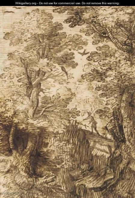 A Figure Crossing A Bridge In Dense Woodland - (after) Paul Bril