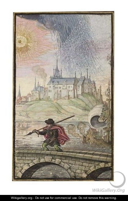 A Soldier Crossing A Bridge In A Tempest, With A Ship And A Castle In The Background - German School