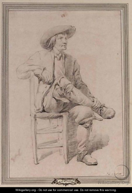A Study Of A Seated Man In A Hat - Johannes Christian Schotel