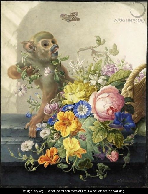 Still Life With A Monkey And A Basket Of Flowers On A Stone Ledge - Herman Henstenburgh