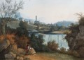 A River Landscape With A Village And A Tower In The Background, A Hunter With His Dog Resting - Joseph Augustus Knip