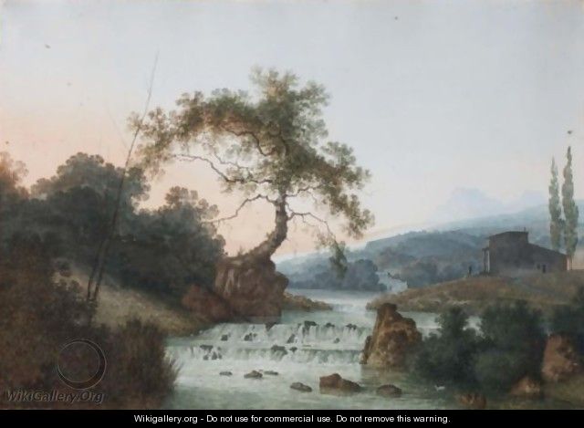 A Mountainous River Landscape With A Waterfall - Joseph Augustus Knip