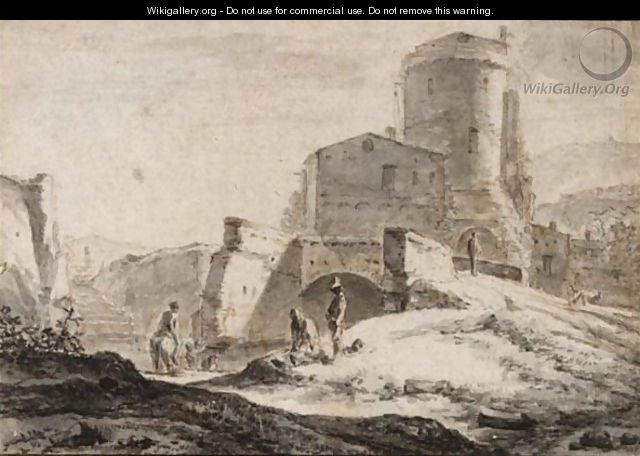 An Italianate Landscape With Travellers Near A River, And A Tower Behind - (after) Simon Van Der Does