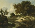 A Wooded Landscape With Travellers And A Dog On A Path Near A Stream, A Farm Beyond - Jan Wijnants