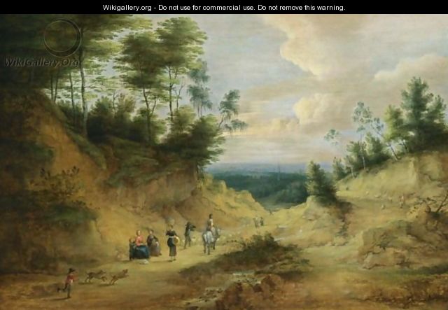 A Wooded Dune Landscape With Travellers And Dogs Resting Near A Path Together With A Horseman, And A Shepherd With His Flock, With A View Of A Village Beyond - Lucas Van Uden