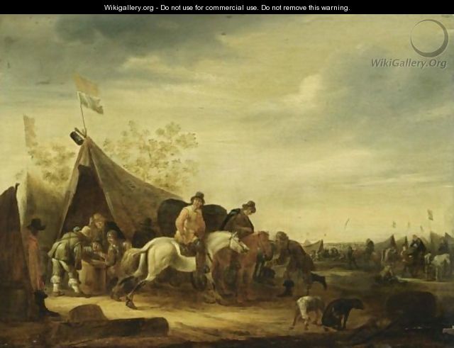 An Encampment With Soldiers Near A Tent And Horsemen Nearby, Other Soldiers And Cavalry In The Background - Abraham van der Hoef