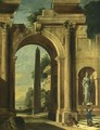 An Architectural Capriccio Of A Classical Building With An Obelisk, With A Beggar And A Washerwoman On The Stairs And A View Of A Temple Beyond - (after) Niccolo Codazzi