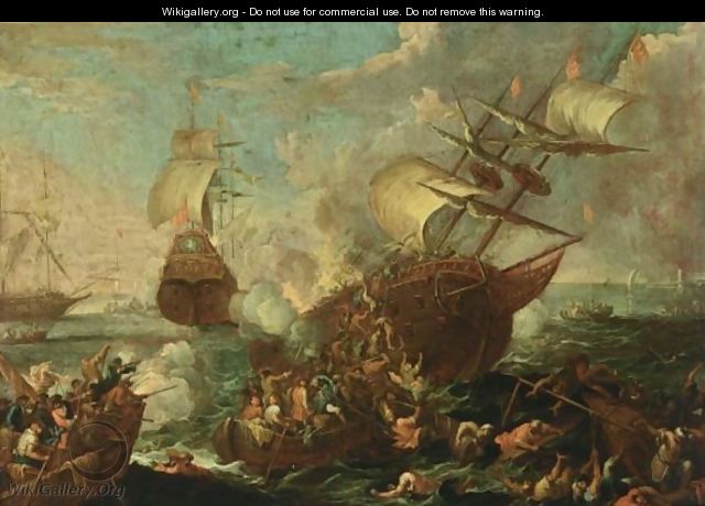 A Naval Battle Scene With Ottoman And Christian Soldiers Fighting Aboard A Ottoman Ship, Other Shipping Beyond - Cornelis de Wael