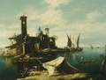 A Capriccio Of A Venetian Lagoon With Fishermen In Gondolas In The Foreground And A Fortified Island With A Church And Campaniles Nearby - (after) Francesco Guardi