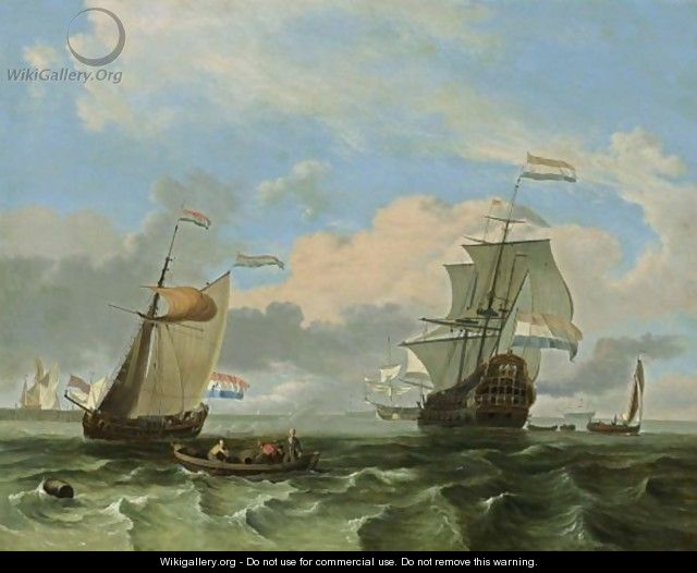 A Man-Of-War And A States Yacht Together With Other Sailing Vessels In A Stiff Breeze, A Rowing Boat With Fishermen In The Foreground - Hendrik Rietschoof