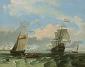 A Man-Of-War And A States Yacht Together With Other Sailing Vessels In A Stiff Breeze, A Rowing Boat With Fishermen In The Foreground - Hendrik Rietschoof